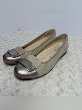 Gabor Taupe Suede Flats with Metallic Silver Toe Cap